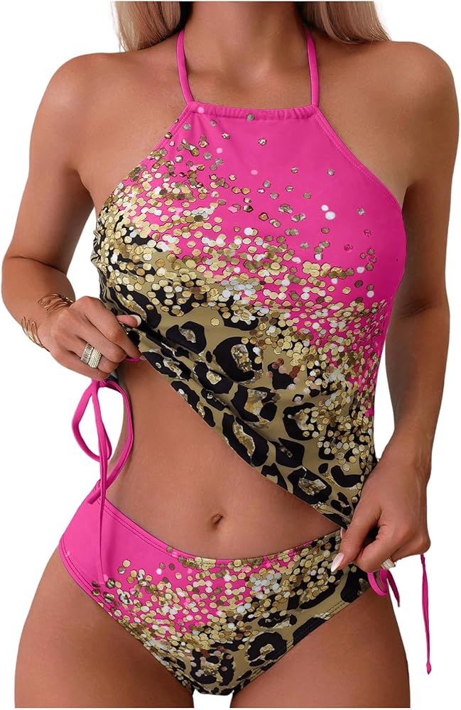 Floerns Women's Contrast Sequin Halter Neck Tank Top with Thong 2 Piece Tankini Sets