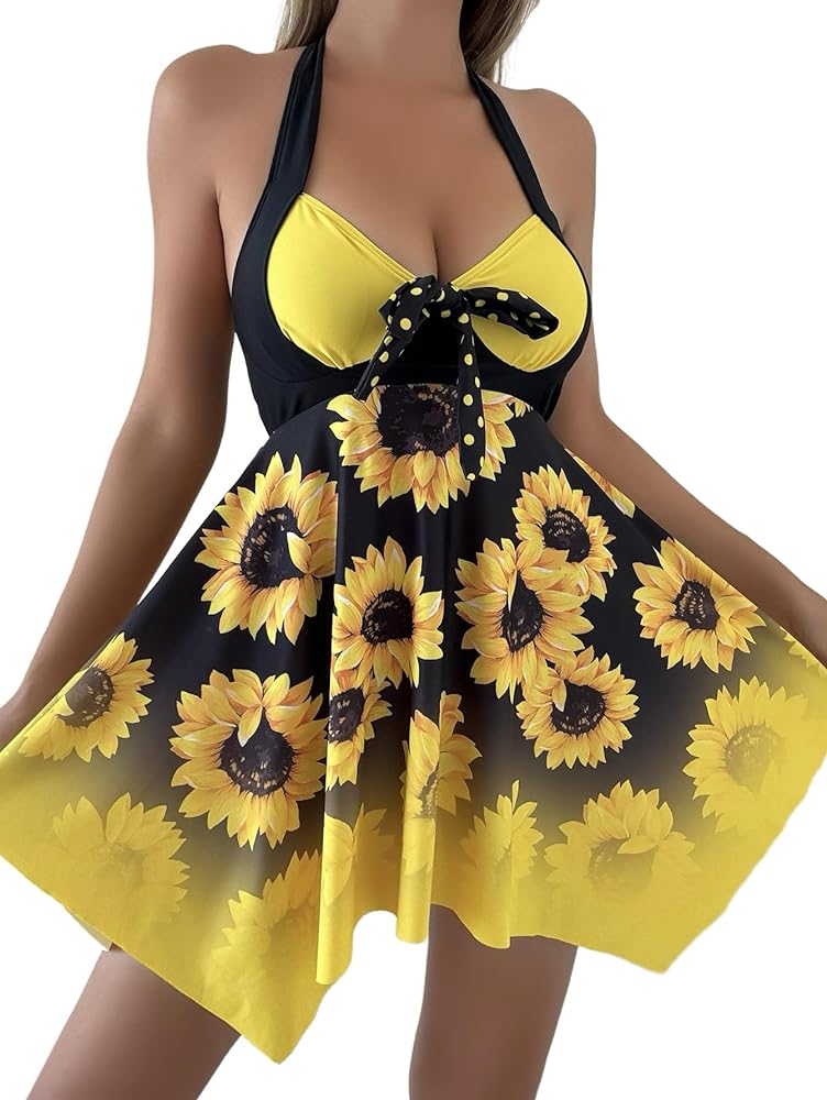 Wellwits Women's Halter Polka Dots Sunflower Print Swimdress Tankini Swimsuit