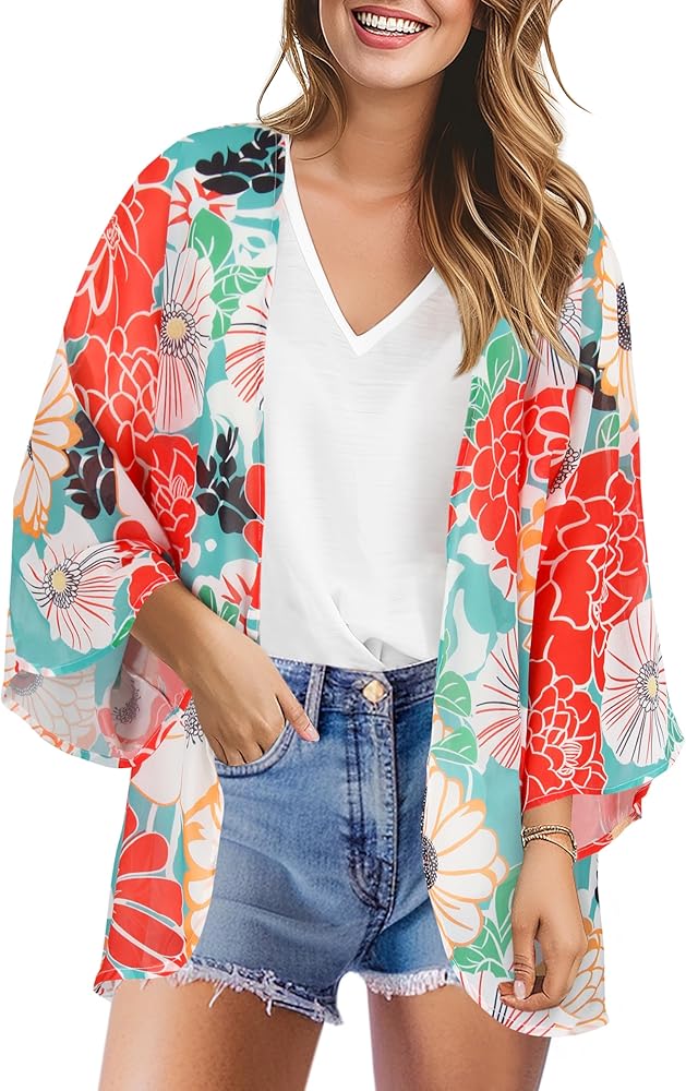 Womens Kimono Cover Ups for Beach Floral Short Sleeve Loose Summer Cardigan