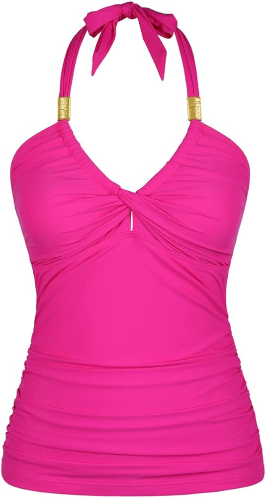 Hilor Women's Retro Halter Tankini Swimsuit Top Front Twist Swimwear Top Ruched Tummy Control Bathing Suit Tops