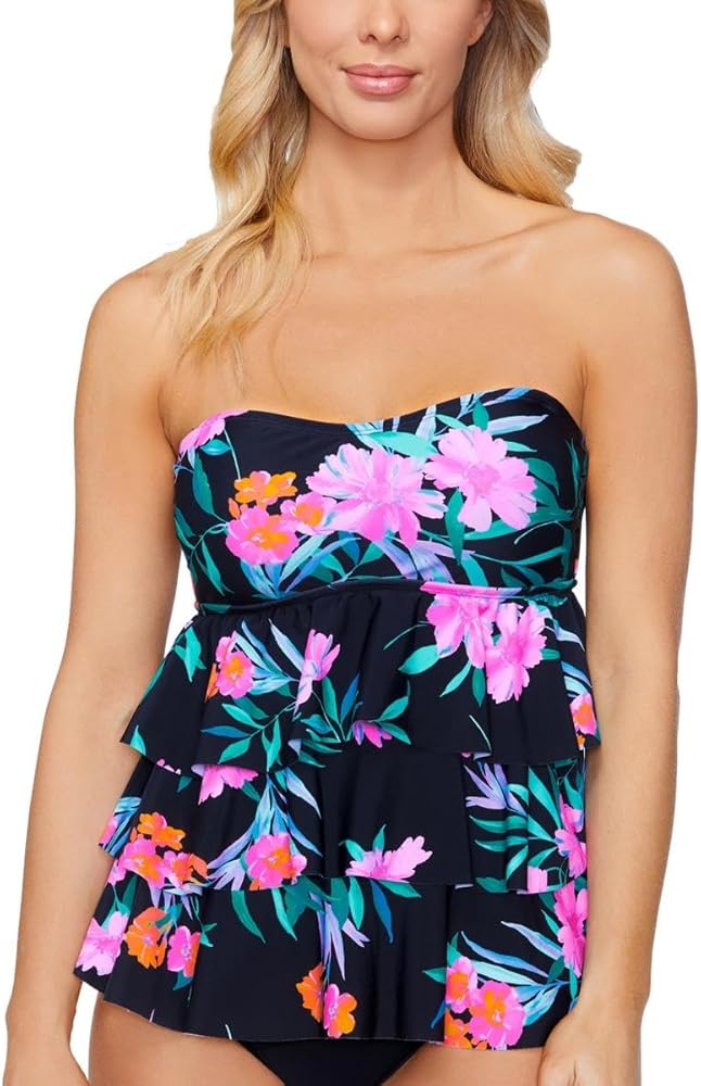 Women's Black Floral Triple-Tier Bandeau Tankini Top