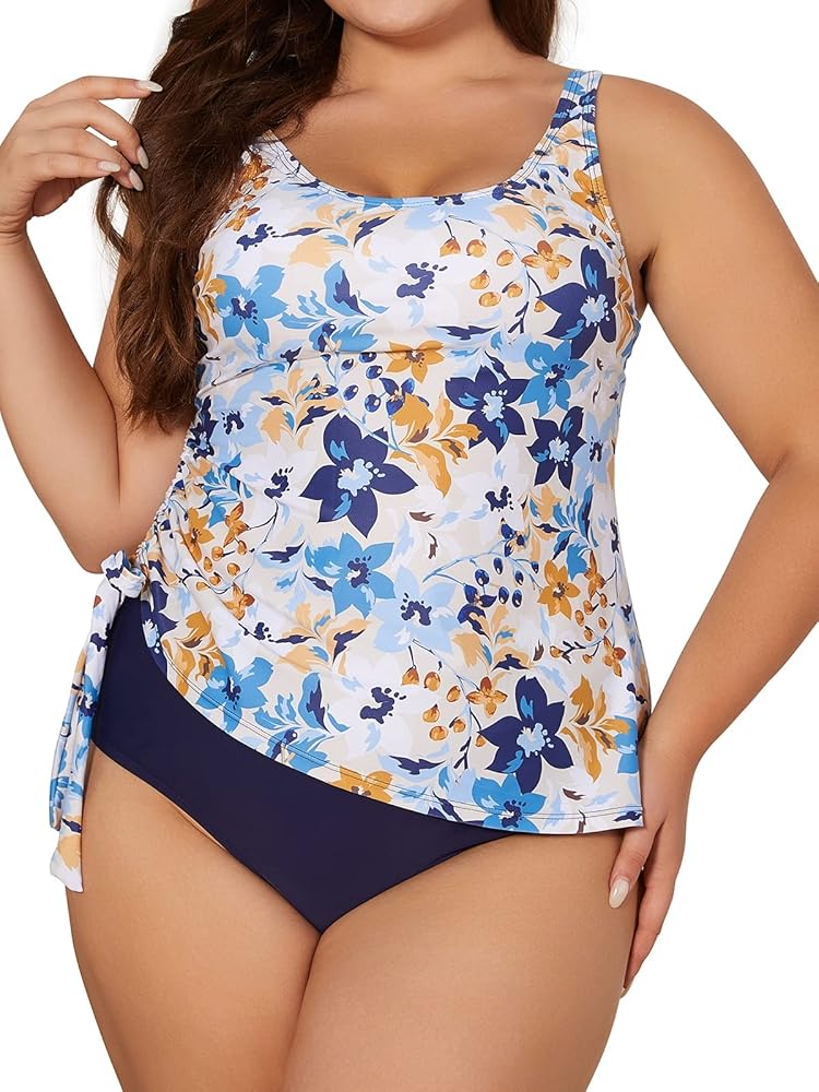 SHEKINI Women's Plus Size Tankini Swimsuit Two Piece Bathing Suits Tummy Control Swimwear with Bottom (Deep Blue Printing, 4X)