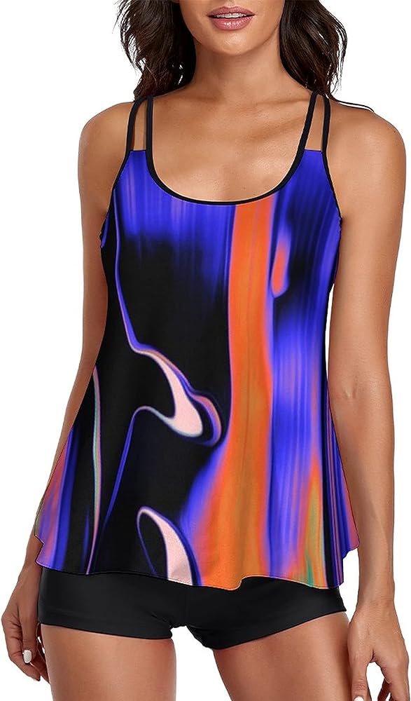 Tummy Control Tankini Swimsuits for Women's 2 Piece Bikini Bathing Suits Long Tank Top with Boyshorts