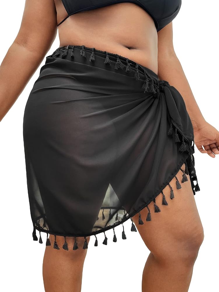 WDIRARA Women's Plus Size Fringe Trim Sheer Tie Side Swimsuit Cover Up Tassel Fringe Skirt