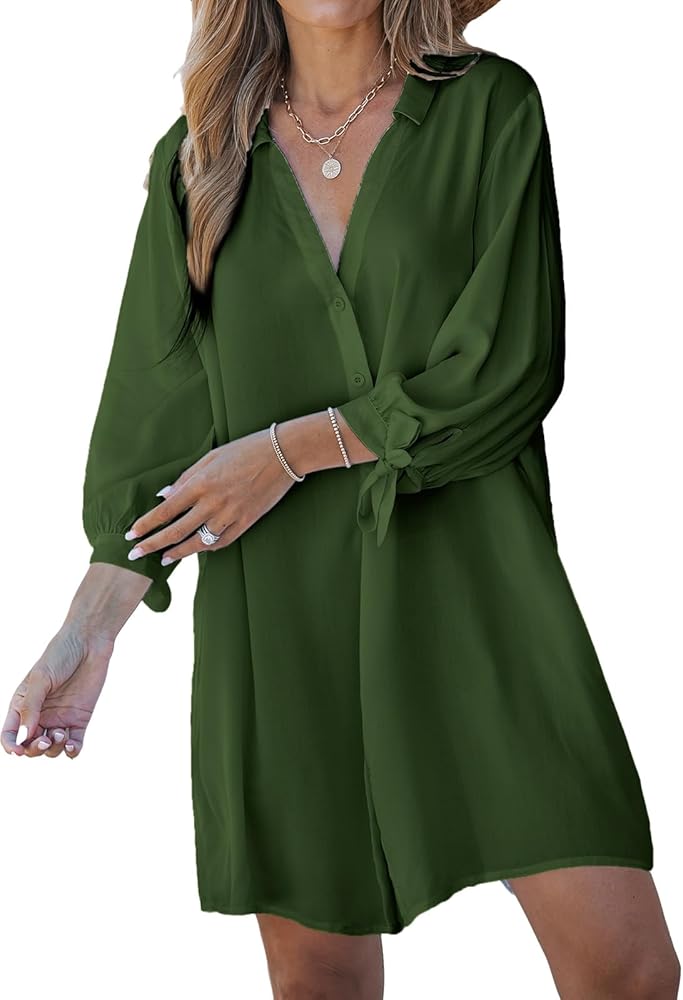 CUPSHE Women V-Neck Cover-Up Dress Long Sleeves Cover Ups Button Front Casual Beach Summer