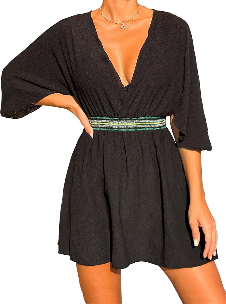 MakeMeChic Women's Wrap V Neck Swim Cover Up Flounce Half Sleeve Ruffle Flowy Boho Summer Dress