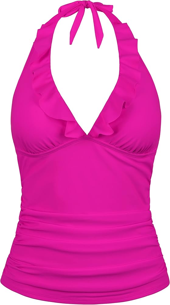 coastal rose Women's Halter Tankini Top Ruffle V Neck Swimwear Ruched Tummy Control Bathing Suit Tops