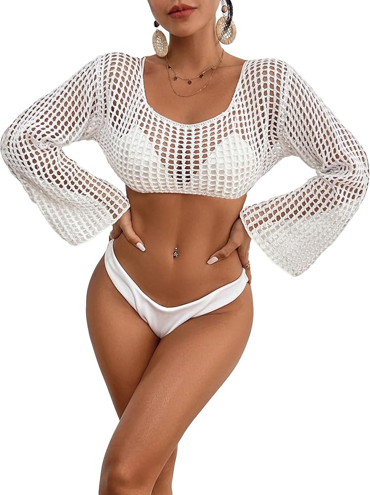 OYOANGLE Women's Crochet Hollow Out Scoop Neck Long Sleeve Swimsuit Cover Up Knitted Crop Beachwear Tops