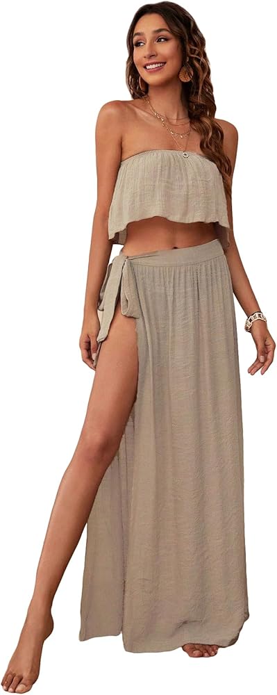 OYOANGLE Women's Boho 2 Piece Swimsuit Cover Up Bandeau Top and Knot Split Thigh Wrap Maxi Skirts Set