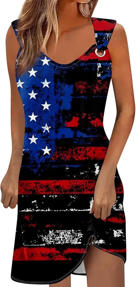 Women American Flag Midi Dress Summer V Neck Sleeveless Dresses for women 2024 Hook and Eye USA Dress