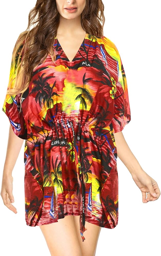 LA LEELA Women's Beachwear Plus Size Swimsuit Coverups for Women Summer Swim Beach Dress Cover Ups for Swimwear Women Bathing Suit Cover-Up for Women 3X-4X Red, Palm Tree