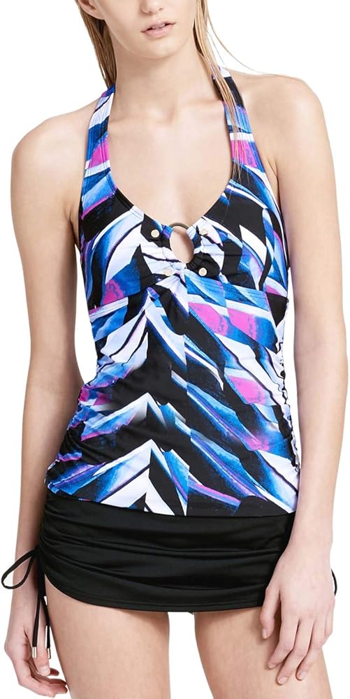 Calvin Klein Women's Printed Studded Halter Tankini Top Swimsuit (Blue, Large)