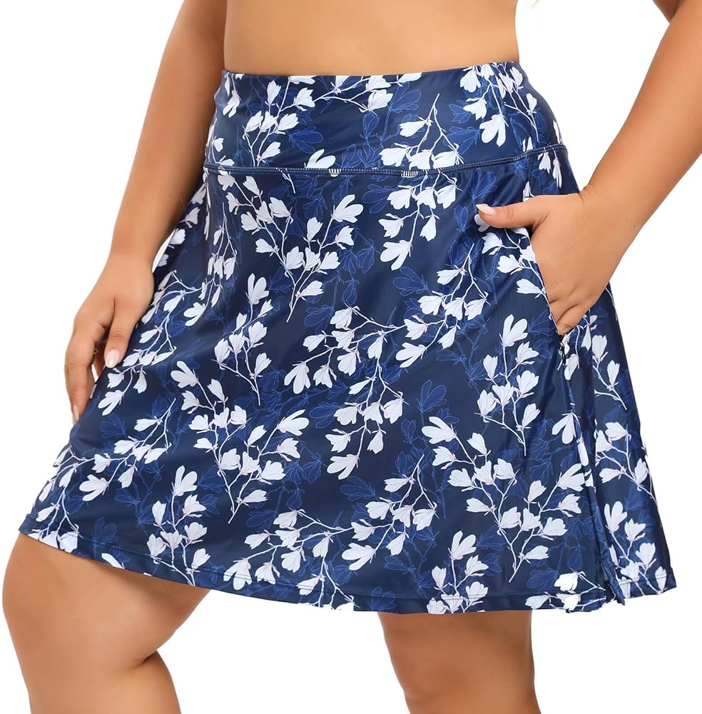 Women Plus Size Swim Skirt with Shorts High Waisted Swimming Skort Bathing Suit Skirts Bottoms Zipper Pockets