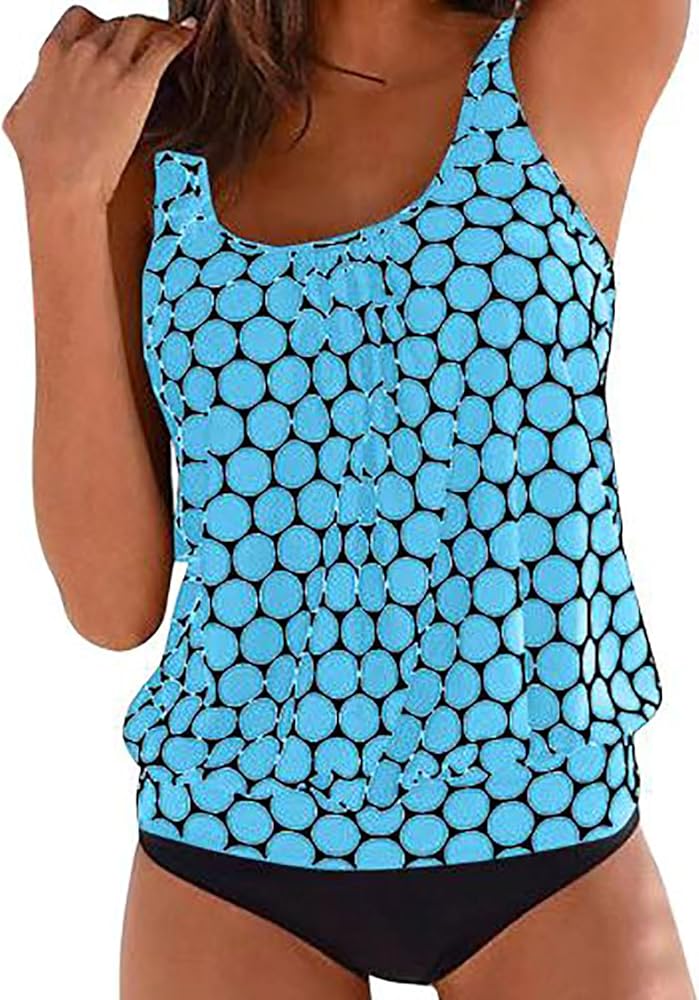 Womens Swimsuits Tankini Blouson Plus Size Swim Tank Top with Shorts Print Two Piece Modest Bathing Suits Swimwear