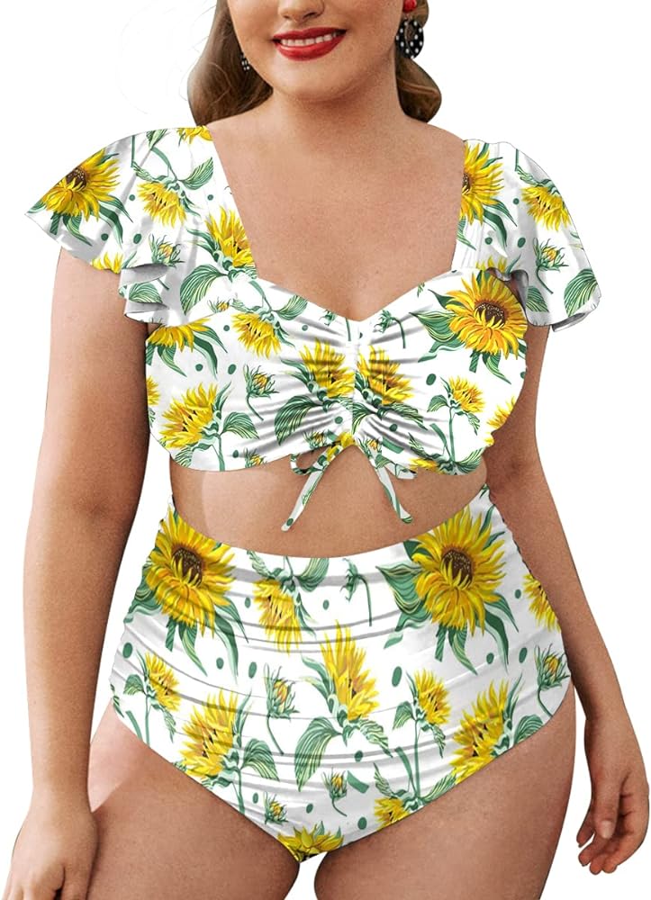 Upopby Women's Plus Size Tummy Control Tankini Swimsuit Ruffled Ruched High Waist Bikini Vintage Retro Two Piece Bathing Suit