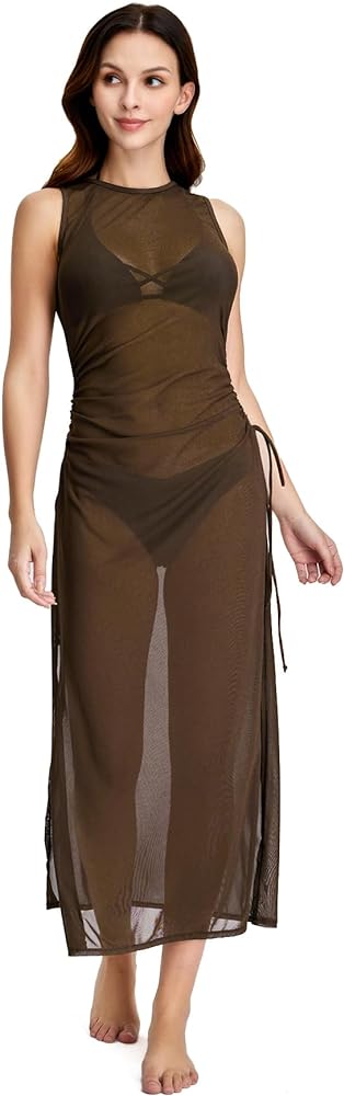 Verdusa Women's Swimsuit Mesh Cover Up High Split Drawstring Bikini Long Dress