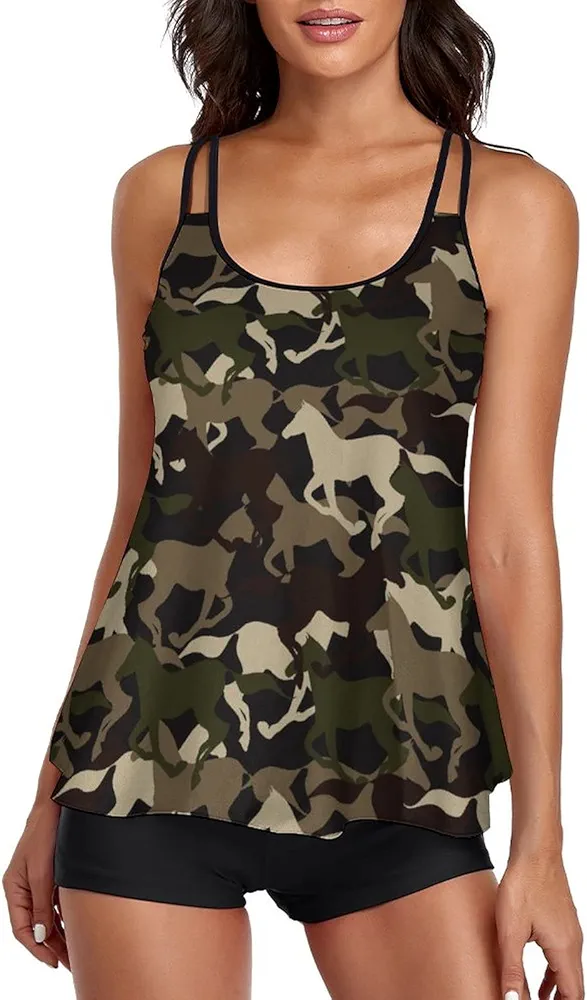 Beautiful Camouflage Horse Women's Tankini Two Piece Swimsuits Bathing Suits Top and Shorts Swimwear