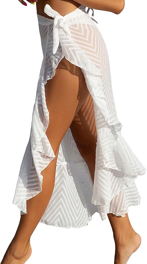 WDIRARA Women's Chevron Ruffle Trim Asymmetrical Hem Tie Side Sheer Cover Up Beach Midi Skirts