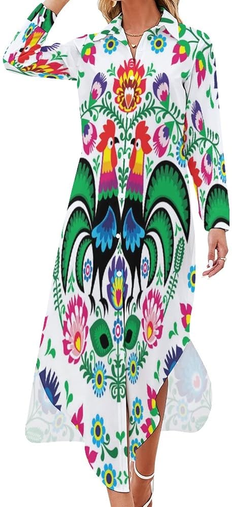 Polish Floral Folk Art Shirt Dresse Knee Length Long Bikini Cover-Up Button Down Side Split V-Neck Long Sleeve Blouse Top