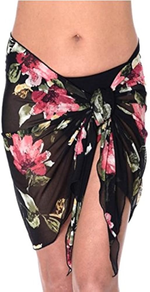 Short Print Sarong Pareo Swimwear Beach Cover Up one Size – Floral Black