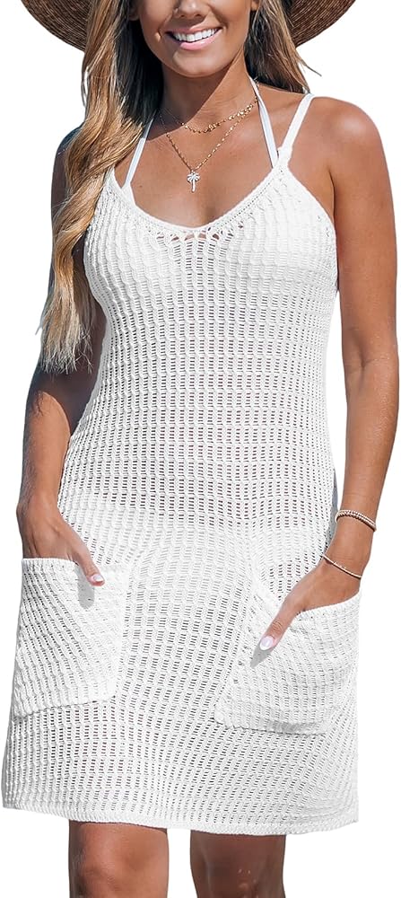 CUPSHE Women Crochet Swimsuit Coverup Spaghetti Strap Knit Dress Casual Sleeveless Sundress with Pockets