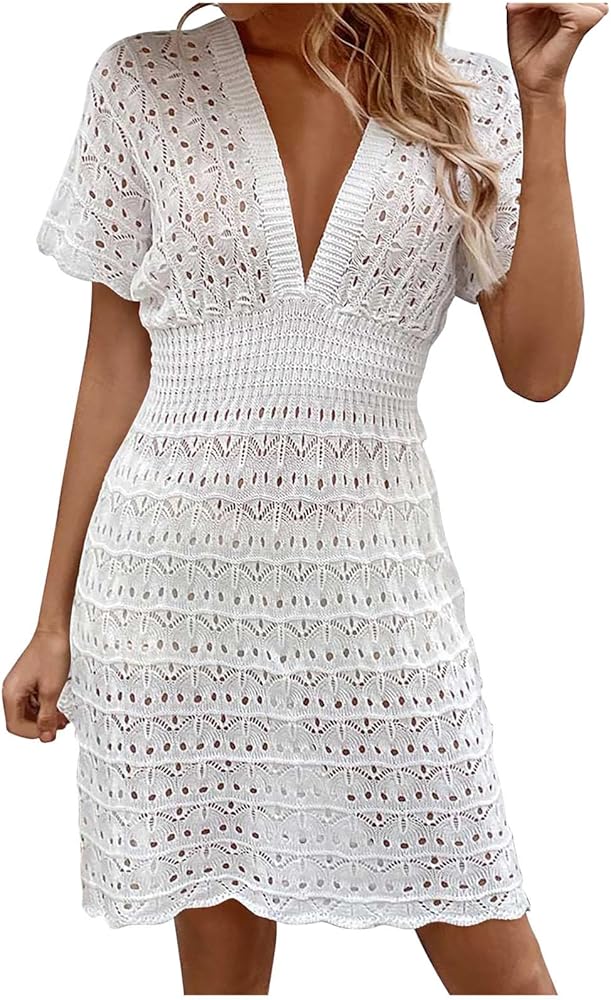 Womens Sexy Knit Dress Summer Elastic Waist Crochet Swimsuit Cover Ups Short Sleeve Solid V-neck Mini Dress Sundress