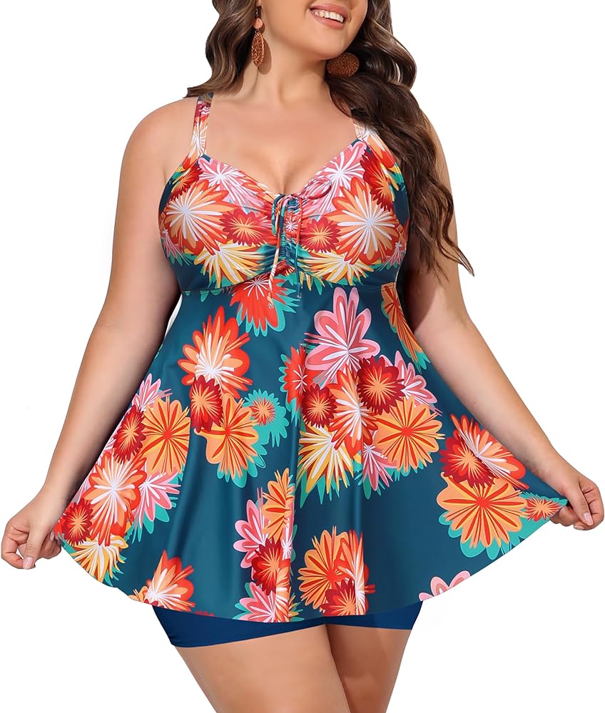 Plus Size Swimsuit for Women, Tankini Bathing Suit Tummy Control Swim Dress, Two Piece Swimsuits with Top/Boyshorts