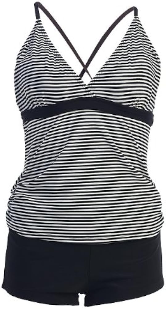 2 PC. Ladies Black Stripe Tankini Swimwear Set