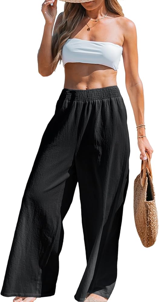 CUPSHE Women's Beach Pants Flowy Wide Leg Cover Up Pants High Waist Smocked Swimwear Cover Ups Pants