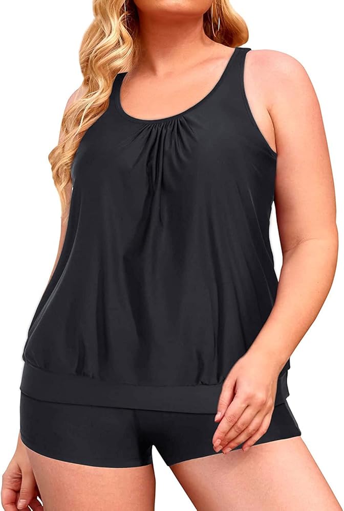 Yonique Plus Size Tankini Swimsuits for Women Blouson Tankini Tops with Swim Shorts Two Piece Bathing Suits