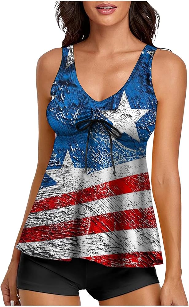 4th of July Sexy Tankini Swimsuits with Shorts Patriotic 2 Piece Swimwear Flowy Swim Dress with Shorts Bathing Suits Red Blue White Stars Stripes Print Plus Size Tankini Tops for Women