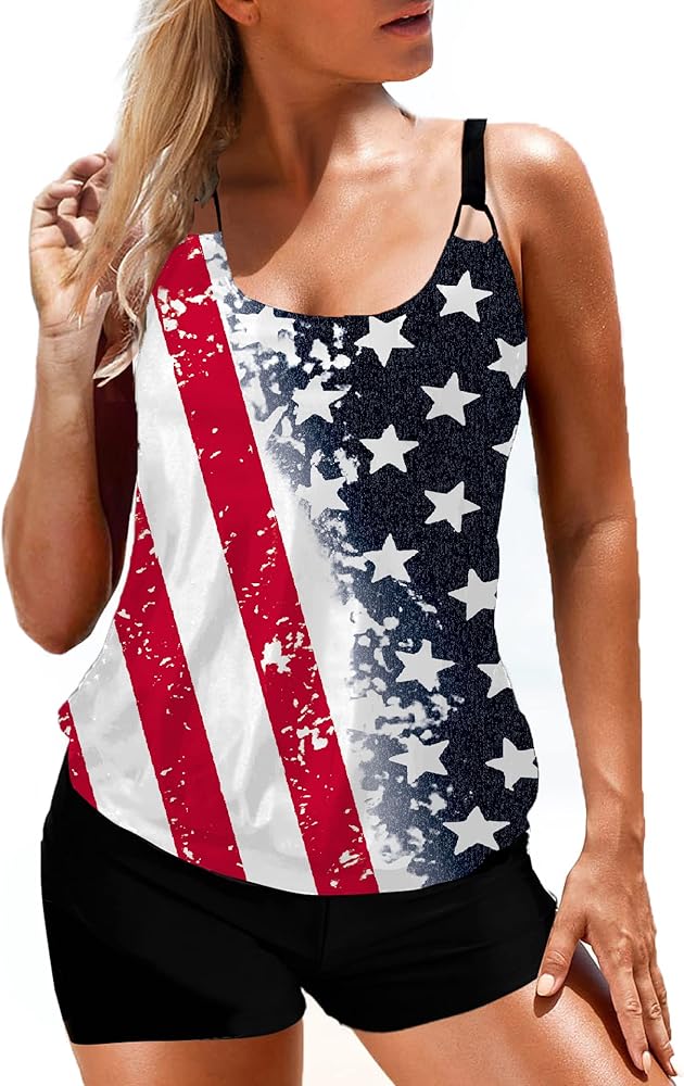 SECETKET American Flag Tankini Swimsuits for Women's Two Piece Swimsuit Tummy Control Bathing Suits