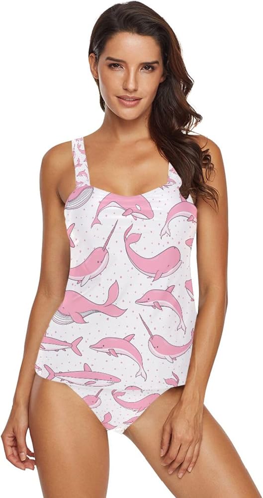 Cute Whales 2 Piece Women Tankini Swimsuit Tummy Control Sport Bathing Suit with Bikini Bottom