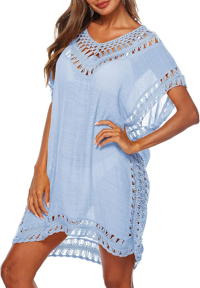 PEHMEA Women’s Crochet Bathing Suit Coverups Loose V Neck Beach Tunic Mini Dress