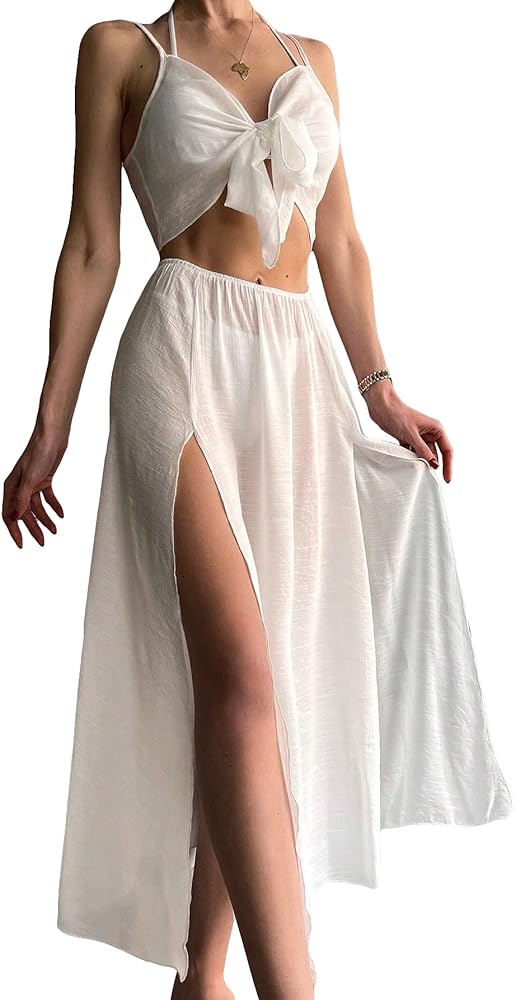 SHENHE Women's 2 Piece Cover Up Set Sheer Crop Cami Top and High Slit Skirt Beach Outfits