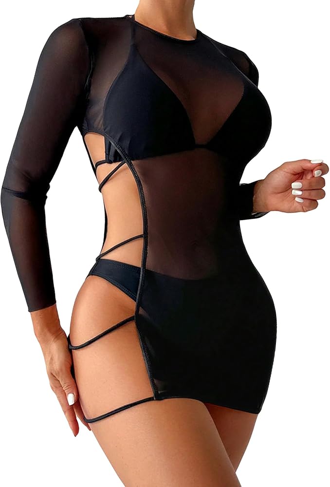 WDIRARA Women's Cut Out Mesh Sheer Swimwear Long Sleeve Bodycon Beach Cover Up Dress