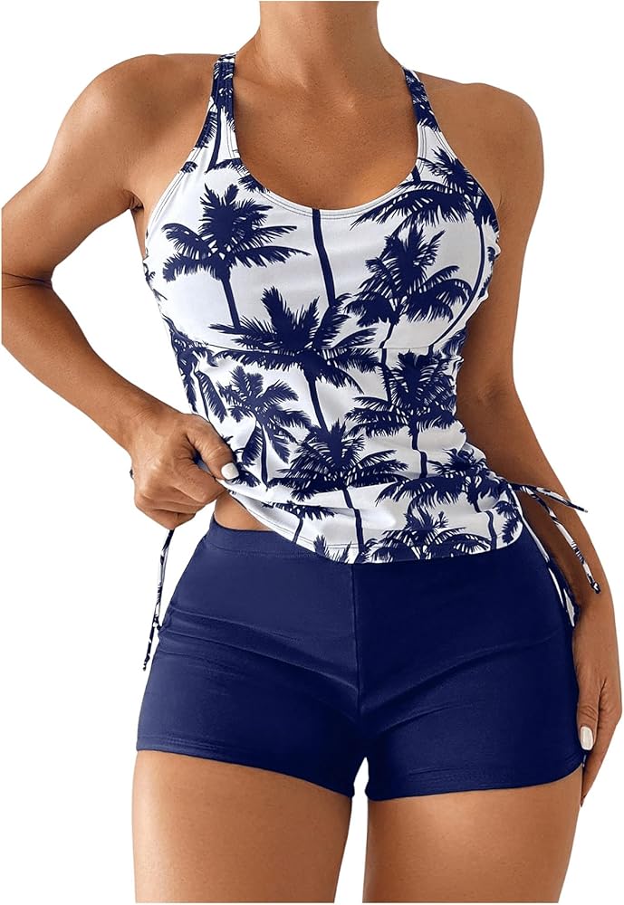 WDIRARA Women's 2 Piece Bikini Set Plants Printed Scoop Neck Backless Tank Top and Shorts Tankini Swimsuit