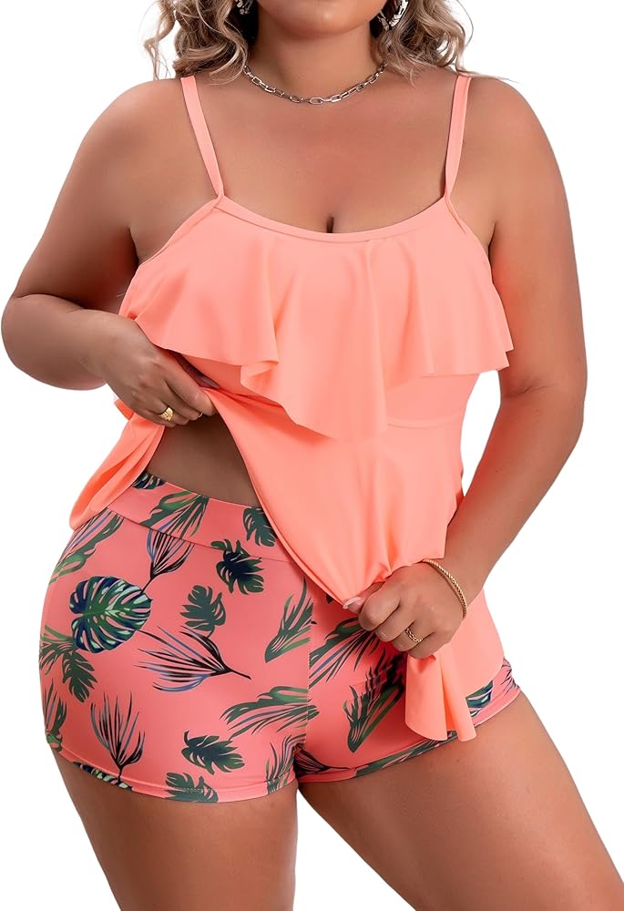 B2prity Women Plus Size Tankini Swimsuits Tummy Control Two Piece Bathing Suit Ruffled Flounce Swimwear with Shorts