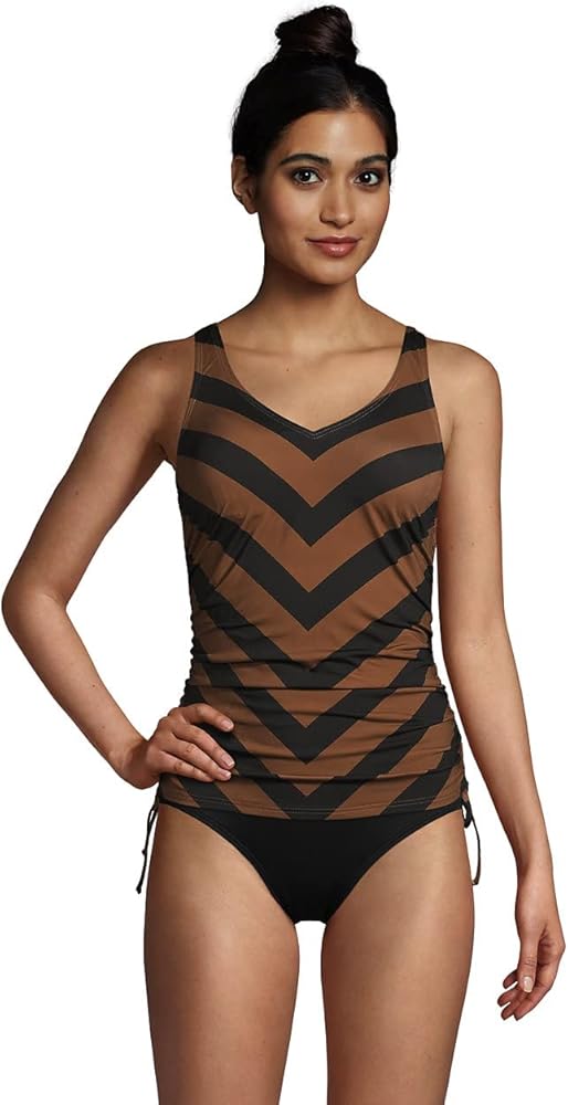 Lands' End Womens Chlorine Resistant Adjustable V-Neck Underwire Tankini Top Black/Allspice Chevron Regular 4