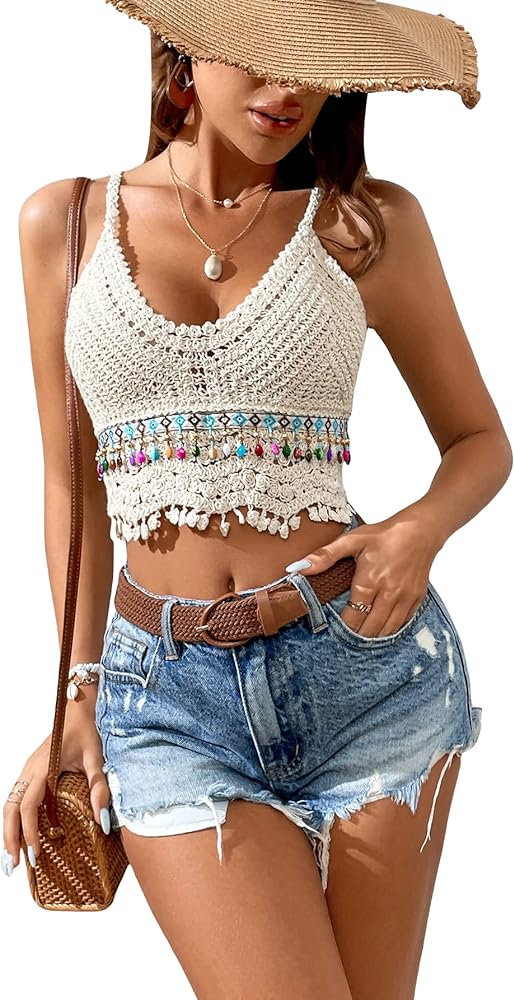 SHENHE Women's Crochet Tassel Trim Scoop Neck Sleeveless Camisole Cover Ups Crop Tops