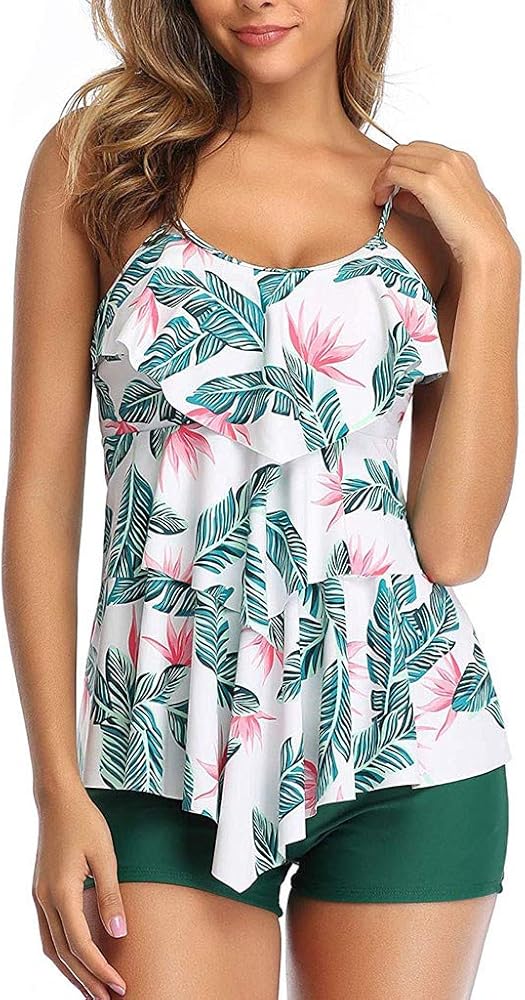 Womens Two Piece Swimsuits Tankini Top Set Flowy Swimdress Printed with Tummy Control Boyshort Bathing Suits