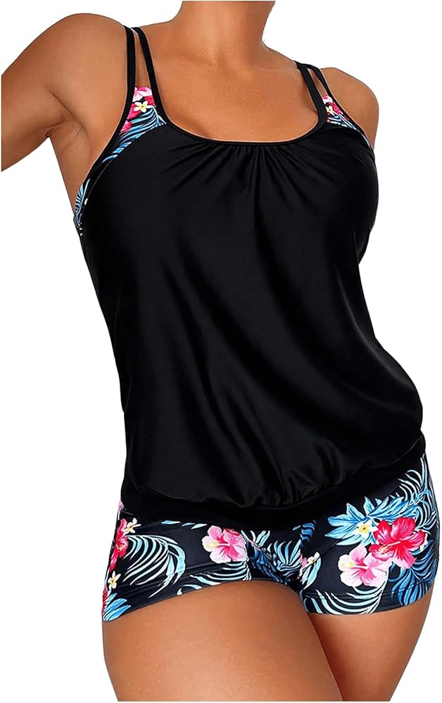 SHENHE Women's Floral Tropical Swimsuit Tummy Control 2 Piece Bathing Suit Tankini Top with Shorts