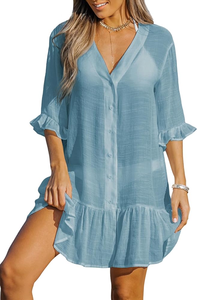 CUPSHE Women's V Neck Ruffled Cover Up Button Down Bathing Suit Beach Dress with Short Sleeves