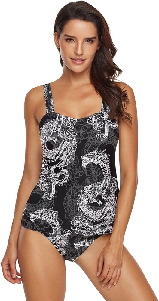 White Dragon Print Tankini Bathing Suits for Women Tummy Control Two Piece Tankini Swimsuit with Bikini Bottom