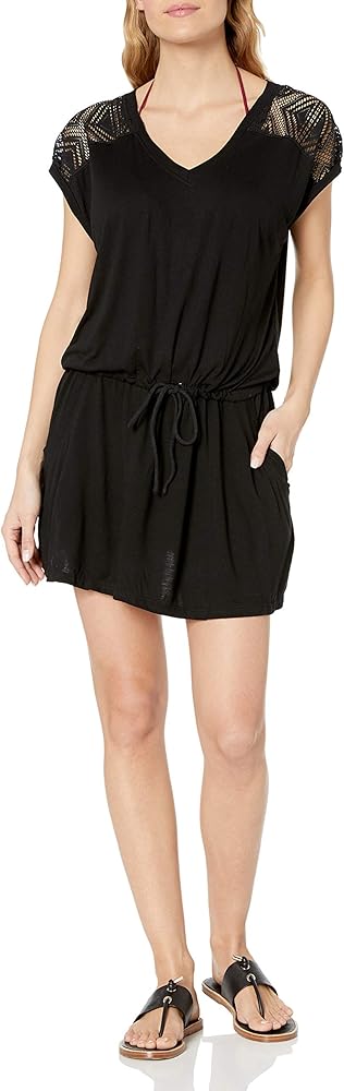 RACHEL Rachel Roy Women's Standard Lace Detail Dress Style Swim Coverup, Black, S