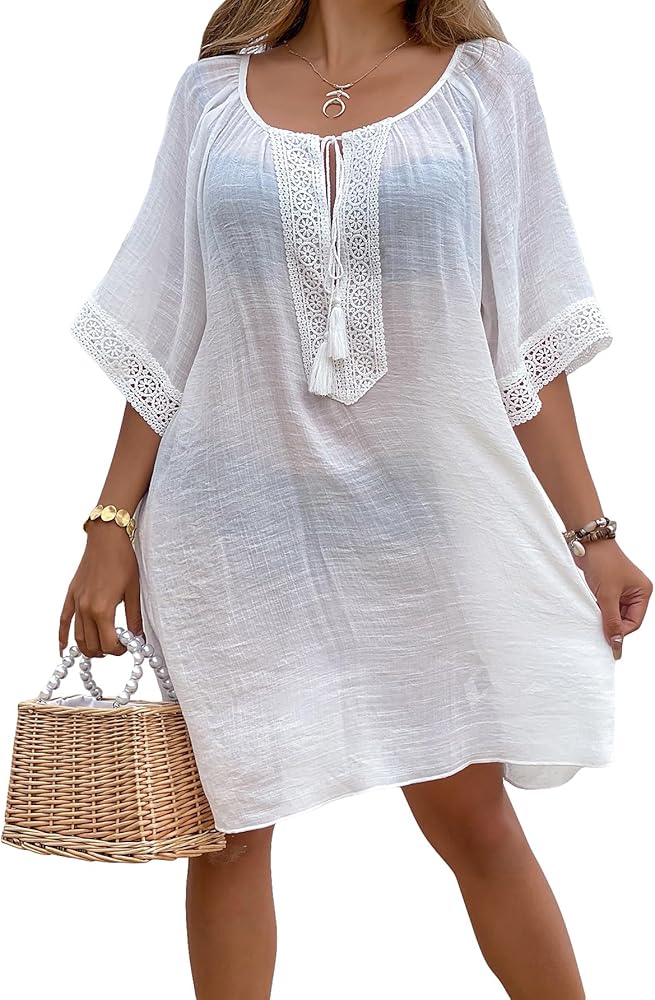 Milumia Women's Tassel Tie Front Coverup Dress Short Sleeve Scoop Neck Cover Ups Beachwear