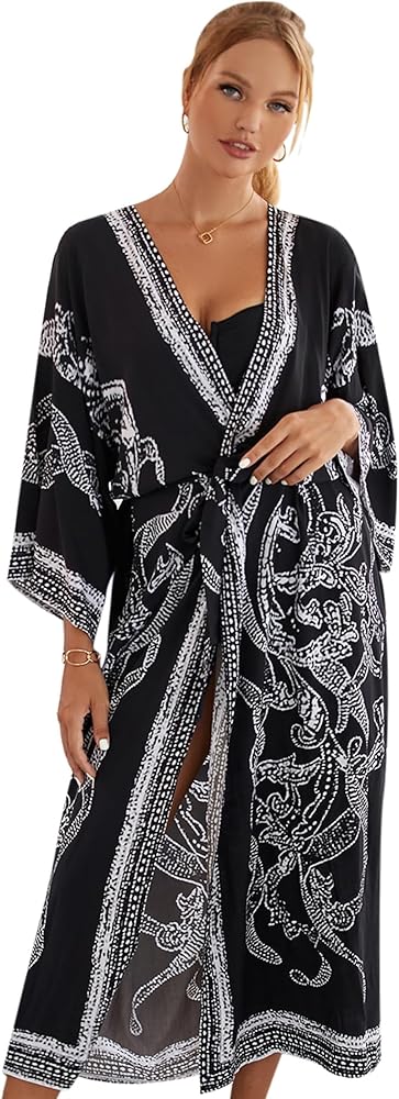 Open Front Bathing Suit Cover up for Women Plus Size Kimono Cardigans Flora Printed Beach Kimonos Long Beach Blouse