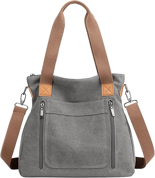 ZHIERNA Hobo - Bolso de hombro de lona vintage para mujer, bolso de mano grande con múltiples bolsillos, asa superior, bolsas de trabajo, Gris, Bolsas de hombro de lona