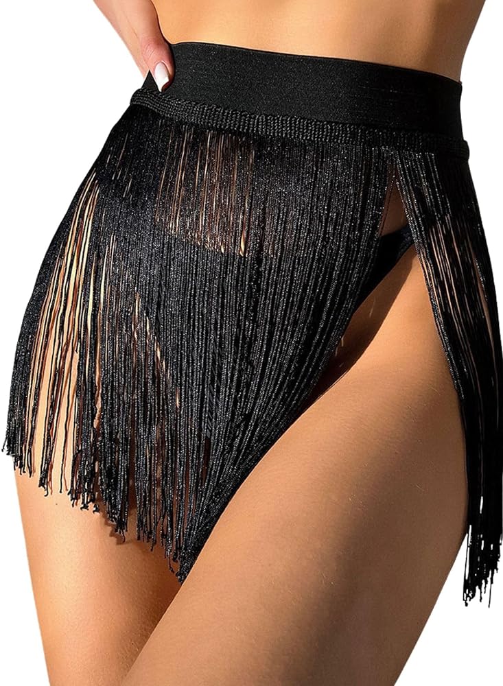 Boho Fringe Beach Cover Up for Women - High Waisted Tassel Mesh Black Mini Skirt Rave Sheer Dress Festival Outfit