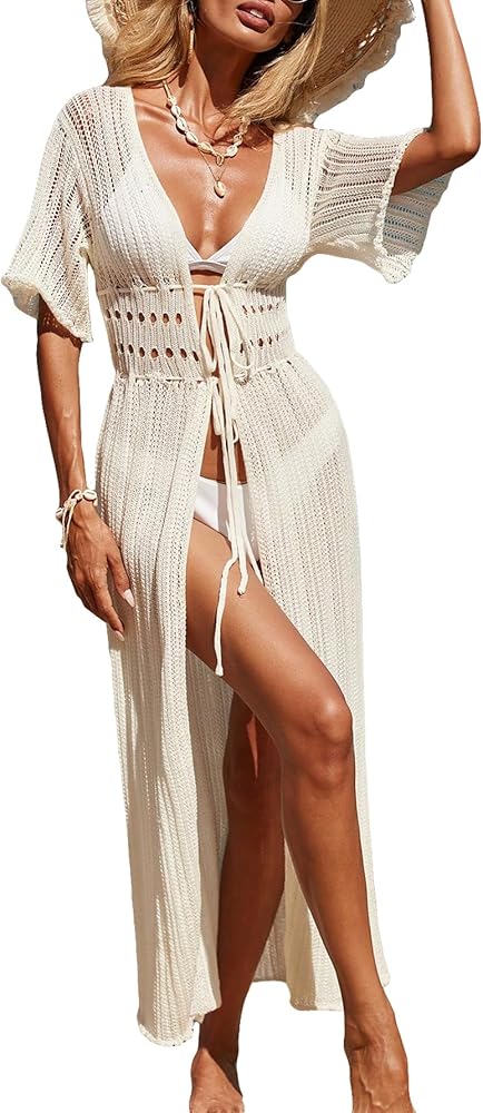 Verdusa Women's Hollow Out Crochet Knit Bikini Cover Up Tie Front Boho Long Kimono